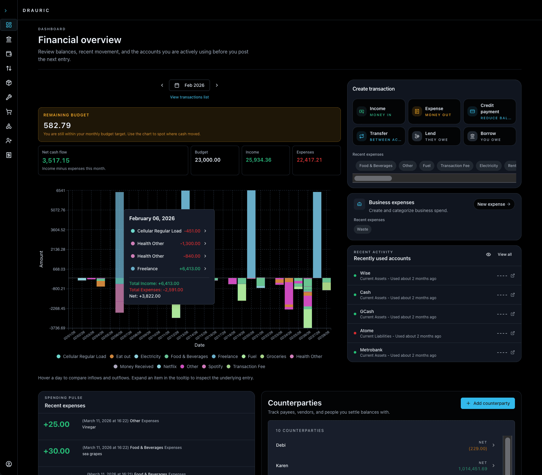 Drauric dashboard showing the current month overview, create transaction shortcuts, recently used accounts, recent expenses, and counterparties.